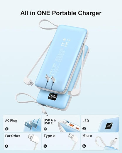 Portable Charger Built-in Cables and AC Wall Plug, 10000mAh 22.5W PD Fast Charging Power Bank, Lightweight Compact Battery Pack Travel Essentials for iPhone 17/16/15/14/13 Series,Samsung,Tablets