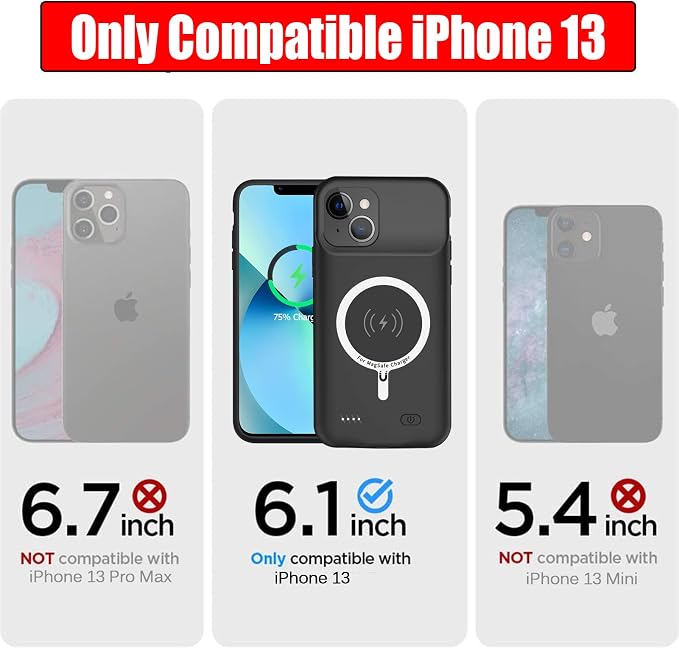 Battery Case for iPhone 13, Full Encircle 10000mAh High Capacity Rechargeable Portable Charger Case Extended Battery Pack Compatible with iPhone 13 (6.1 inch) Wireless Charging Case with Carplay-Black