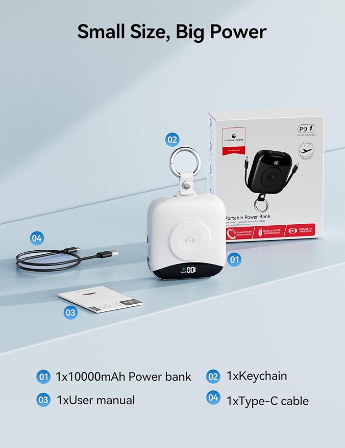 Portable Charger Power Bank, 10000mAh Fast Charging Power Bank with Built-in Cables, Travel Keychain Battery Pack with LED Display for iPhone Samsung Android iPad iWatch Charger 11/10/9/8/Ultra, White