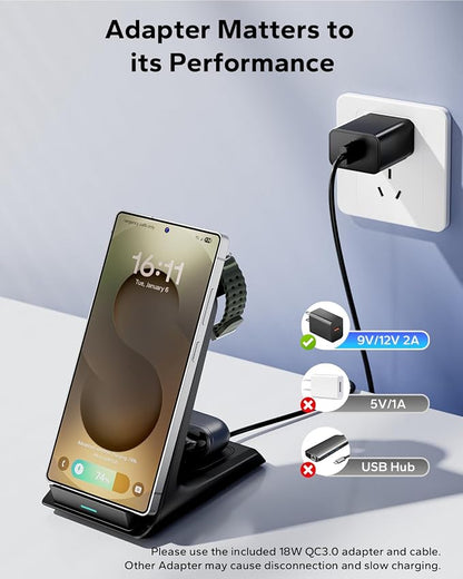 3 in 1 Charging Station for Samsung for Thick Cases of 10MM/Otterbox/Heavy Duty, Wireless Charger for Samsung Galaxy S26 Ultra/S25/S24, Phone Charger Stand for Galaxy Watch and Buds(Black)