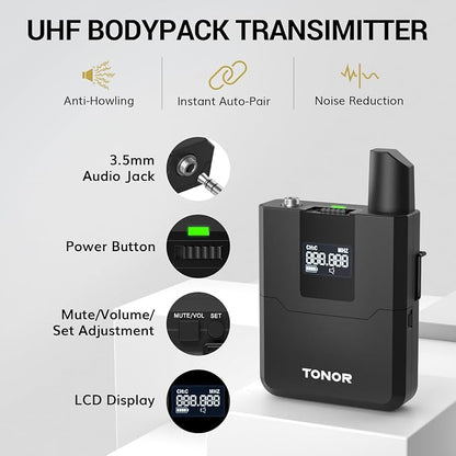 TONOR Wireless Microphones System with 8x12 Channels Headset/Lavalier Lapel Mics, Bodypack Transmitter, Receiver, 90 m/295ft UHF Range for Church Conference Performance Singing Karaoke PA Speaker