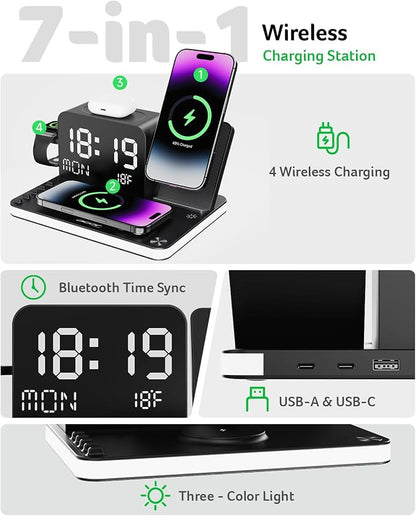 acer 7-in-1 Wireless Charging Station: Charger Stand for Multiple Devices for Apple - iPhone 16 15 14 13 12 Pro Max Apple Watch Airpods, Wireless Charger iPhone Charging Station with Bluetooth TimeSyn