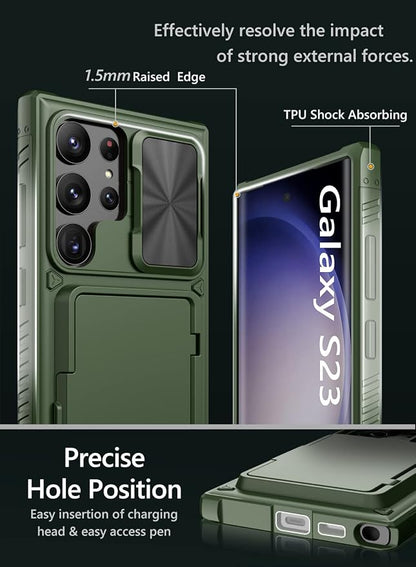 Vihibii for Samsung Galaxy S23 Ultra Case with Card Holder (4 Cards) & Sliding Camera Cover & Kickstand, Shockproof Rugged Hard Back & TPU Edge Wallet Case for Galaxy S23 Ultra 5G 6.8" 2023, Green