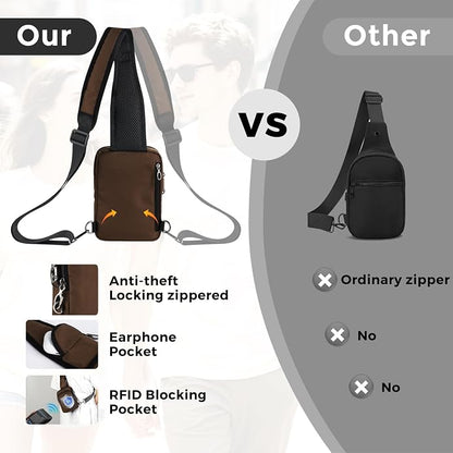 VADOO Sling Bag, Crossbody Bag with Zipper Lock, RFID Blocking & Water Resistant for Men and Women
