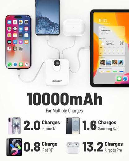 Small Portable Charger with Built-in Cables,22.5W Fast Charging Power Bank,USB-C Mini Battery Pack 10000mAh,Travel Essential Powerbank for iPhone Samsung Android MacBook iPad,White