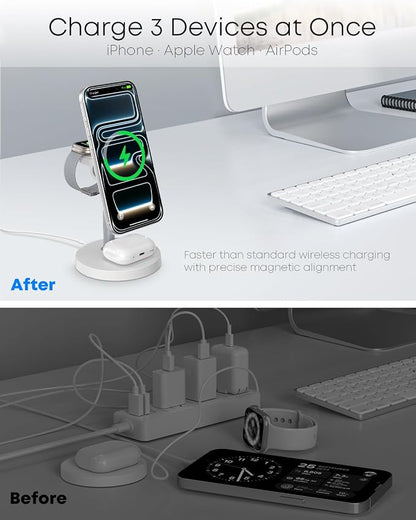 3 in 1 Magnetic Wireless Charging Station, 15W Fast Charger Stand for iPhone, Phone Charger Stand for Desk Nightstand, Compatible with iPhone 17/16/15/14, Apple Watch & AirPods, Adapter Not Included