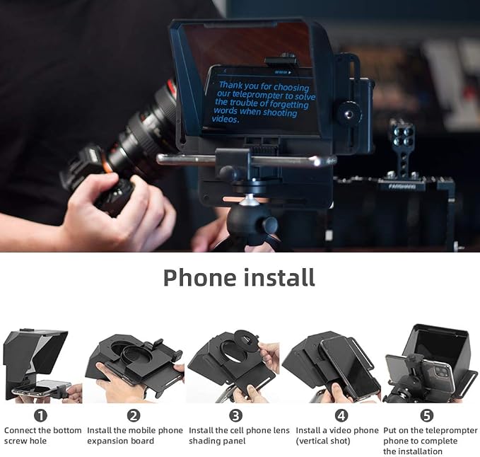 AMBITFUL Teleprompter 7.5'' with Tabletop Tripod for Smartphone and DSLR Camera, Adjustable Phone Clip & Camera Adapting Ring, for Live Streaming, Interviews(Mini Teleprompter Only)