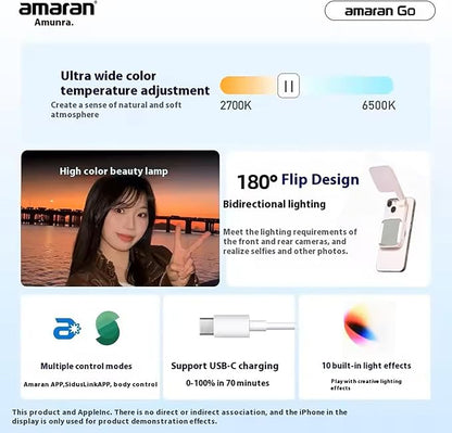 Magnetic Selfie Phone Light,Amaran Go Dual LED Light Source with Adjustable Mirror Light CCT 2700K-6500K,Rechargeable for Selfie,Makeup,Video Conference,TikTok,for iPhone & Android (Blue)