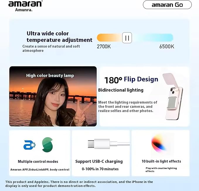 Magnetic Selfie Phone Light,Amaran Go Dual LED Light Source with Adjustable Mirror Light CCT 2700K-6500K,Rechargeable for Selfie,Makeup,Video Conference,TikTok,for iPhone & Android (Green)