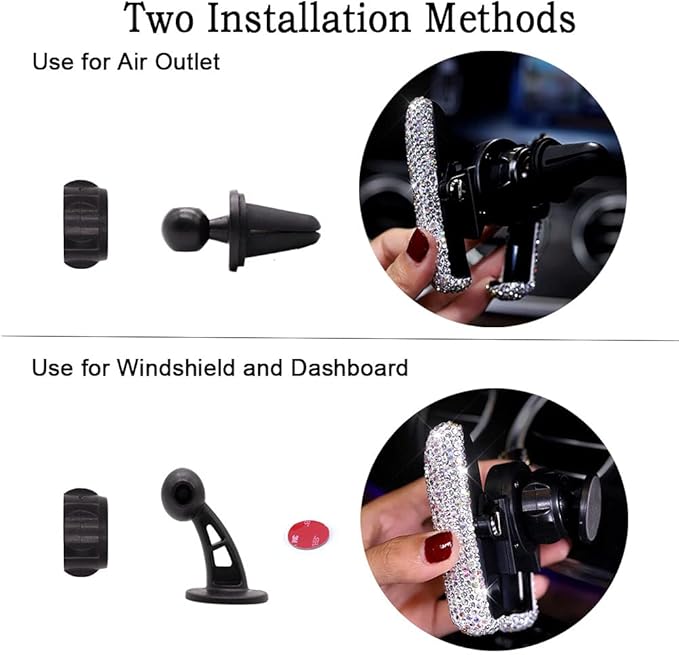 SUNCARACCL Bling Car Phone Holder Mini Dash Air Vent Automatic Mount Universal 360°Adjustable Crystal Auto Stand Accessories for Women and Girls (Black)