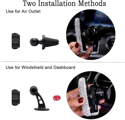 SUNCARACCL Bling Car Phone Holder Mini Dash Air Vent Automatic Mount Universal 360°Adjustable Crystal Auto Stand Accessories for Women and Girls (Black)