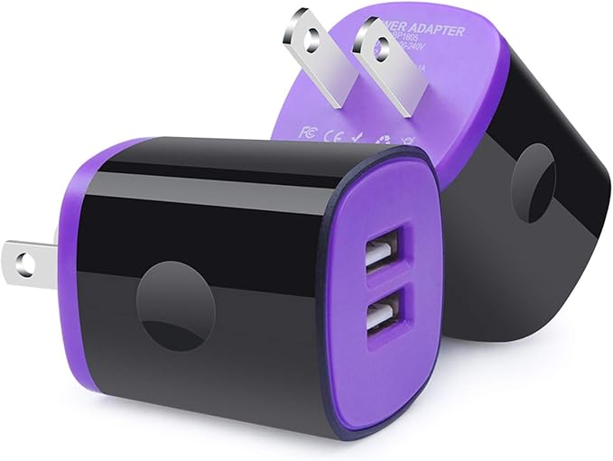 USB Wall Charger, 2Pack Travel Charging Block Dual Port USB Cube Power Adapter Wall Plug Compatible iPhone 17/16/15/14/13/12/11/Pro Max/SE/XS/XR, Samsung Galaxy S24 S23 S22 S21, Pixel 10 Pro (Purple)