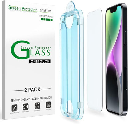 amFilm Screen Protector OneTouch for iPhone 14 Plus 6.7" 2022 iPhone 13 Pro Max 6.7" 2021 with Easy Installation Kit, Full Coverage Case Friendly, Tempered Glass, 2 Pack