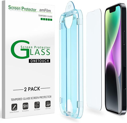 amFilm Screen Protector OneTouch for iPhone 14 Plus 6.7" 2022 iPhone 13 Pro Max 6.7" 2021 with Easy Installation Kit, Full Coverage Case Friendly, Tempered Glass, 2 Pack