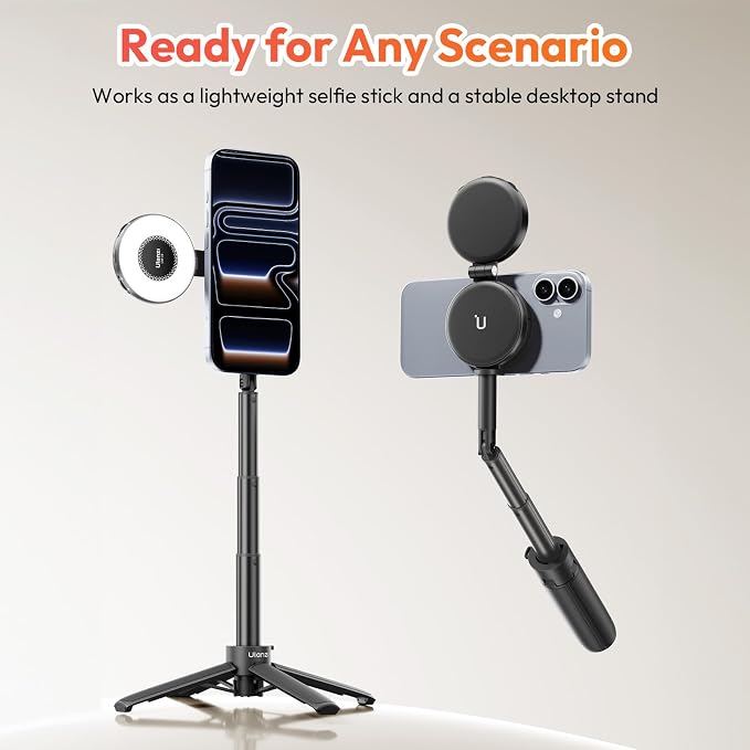ULANZI MT71 Mini Magnetic Selfie Stick Tripod, Foldable & Lightweight, 180° Tilt, Compatible with iPhone 17-12 Series, with Adhesive Magnetic Ring for Desktop Shooting/Vlog/Selfie