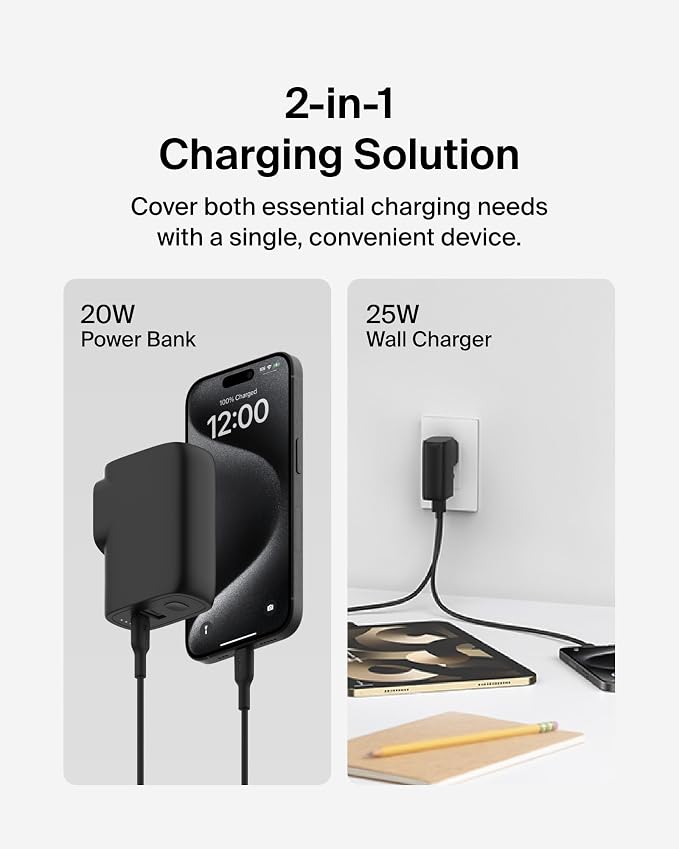 Belkin Hybrid Power Bank 5K + Wall Charger 25W - 2-in-1, Portable Battery w/USB-C Port & USB-A Port - Travel Essential - Apple iPhone 17, Air, Pro, Pro Max, AirPods, Apple Watch - Black