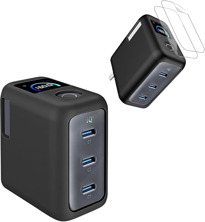 for Anker Prime 160W Charger Case [Black] – Soft Silicone Protective Cover with Shockproof Dustproof Sleeve + 2 Screen Protectors for Anker Prime 160W 3-Port Compact Dynamic Charger