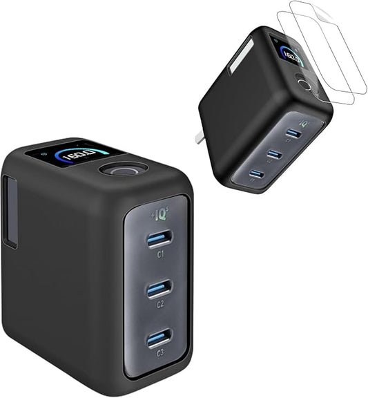 for Anker Prime 160W Charger Case [Black] – Soft Silicone Protective Cover with Shockproof Dustproof Sleeve + 2 Screen Protectors for Anker Prime 160W 3-Port Compact Dynamic Charger