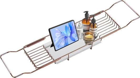 BVL Bathtub Tray Stainless Steel with Marble Base Rose Gold Bathtub Tray with White Marble Base Adjustable & Rustproof Bath Caddy for Spa, Relaxation, Bath Bombs