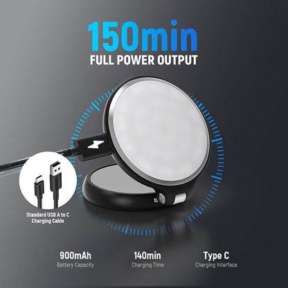 NEEWER Basics Magnetic LED Selfie Light Compatible with MagSafe iPhone, Desk Stand Phone Holder with Makeup Mirror 1160lx/0.2m 900mAh CRI95 Fill Lighting for Video Recording Streaming, Black NL48R