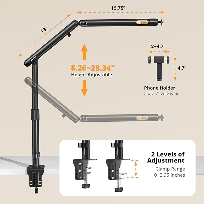 Overhead Camera Mount, Adjustable Desk Mount with Flexible Aluminum Spring Arm, 360° Ball Head, 1/4" 3/8" Screw & Phone Clamp for DSLR Cameras, Light, Heavy Microphones, and Smartphones