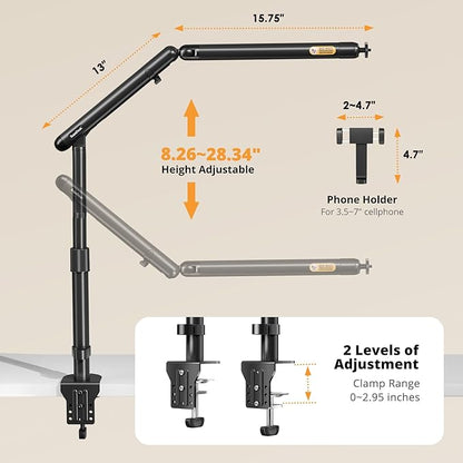 Overhead Camera Mount, Adjustable Desk Mount with Flexible Aluminum Spring Arm, 360° Ball Head, 1/4" 3/8" Screw & Phone Clamp for DSLR Cameras, Light, Heavy Microphones, and Smartphones