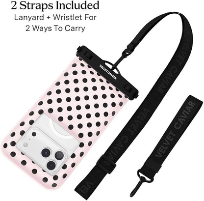 VELVET CAVIAR Waterproof Phone Pouch with Lanyard | IP68 Floating Case for iPhone & All Phones | Dry Bag for Snorkeling, Beach, Kayaking | Travel & Cruise Essentials for Women (Pink Polka Dot)