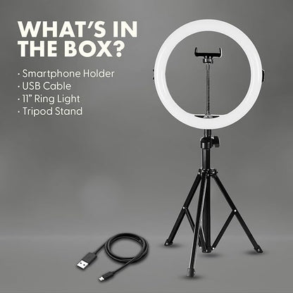 SQUATZ 11’’ LED 12W Selfie Ring Light with Wired Control, 3 Color Modes, 10 Brightness Levels, Tripod Stand with 6 Sections, Phone Holder, Adjustable Brightness Levels for Influencers, YouTube, TikTok