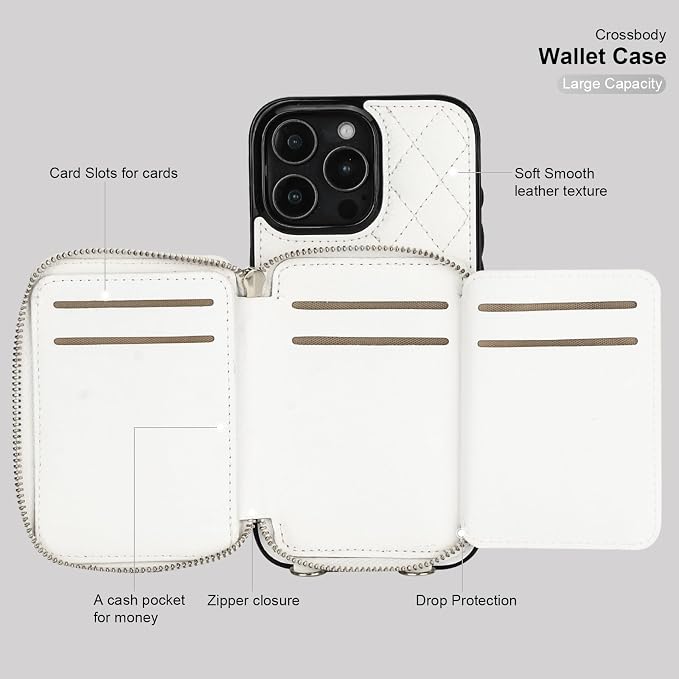 Bocasal Crossbody Wallet Case for iPhone 16 Pro Max, RFID Blocking PU Leather Zipper Handbag Purse Flip Cover, Kickstand Folio Case with Card Slots Holder Wrist Strap Lanyard 5G 6.9 Inch (White)