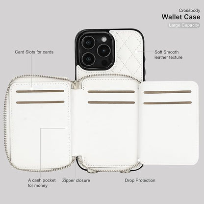 Bocasal Crossbody Wallet Case for iPhone 16 Pro Max, RFID Blocking PU Leather Zipper Handbag Purse Flip Cover, Kickstand Folio Case with Card Slots Holder Wrist Strap Lanyard 5G 6.9 Inch (White)