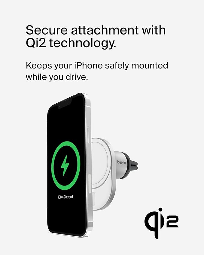 Belkin MagSafe-Compatible Wireless Car Charger 15W, Fast Charging Wireless Charger - Powerful Magnetic Vent Holder for iPhone 17, 16, 15, 14, 13 Series, Pixel 10, Secure Car Phone Mount - White
