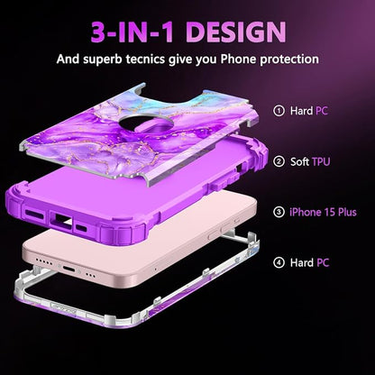 Casetego for iPhone 13 Case,iPhone 14 Case,Three Layer Heavy Duty Sturdy Shockproof Protection Full Rugged Hard PC+Soft TPU Bumper Protective Girls Case for Apple iPhone 13/14 6.1 inch,Bright Purple