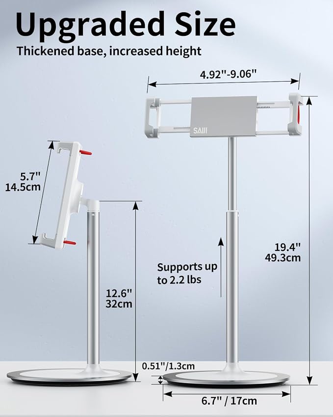 SAIJI Tablet Stand Holder, Extra-Height Adjustable Kindle Stand, 360 Degree Rotating iPad Holder, Aluminum Alloy Cradle Mount Dock for 4.7"-15.6" iPhone, Samsung, Tablets, Portable Monitor (Silver)