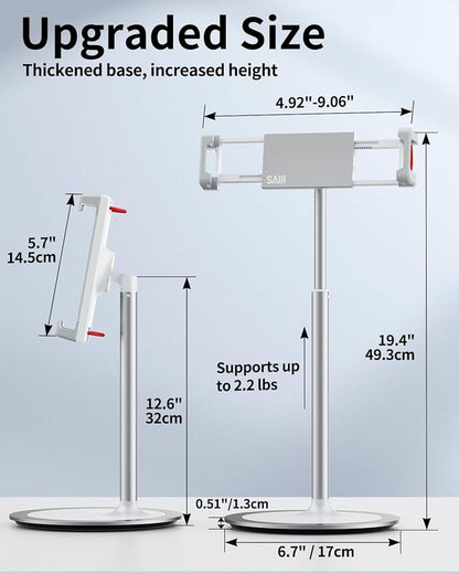 SAIJI Tablet Stand Holder, Extra-Height Adjustable Kindle Stand, 360 Degree Rotating iPad Holder, Aluminum Alloy Cradle Mount Dock for 4.7"-15.6" iPhone, Samsung, Tablets, Portable Monitor (Silver)