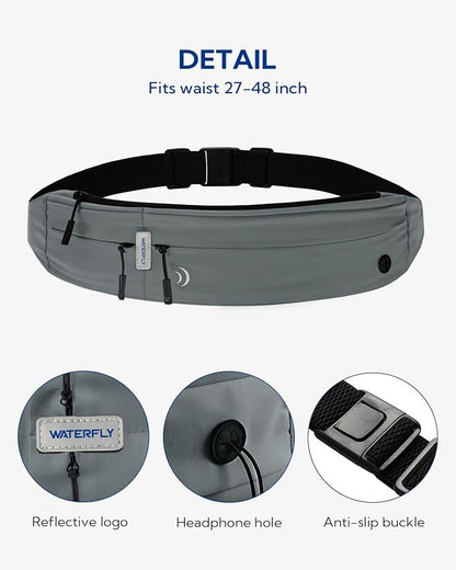 WATERFLY Running Belt Fanny Pack: Runner Marathon Jogging Waist Pack Sport Workout Exercise Fitness Phone Holder Belt for Men Women Jogger Slim Waistband