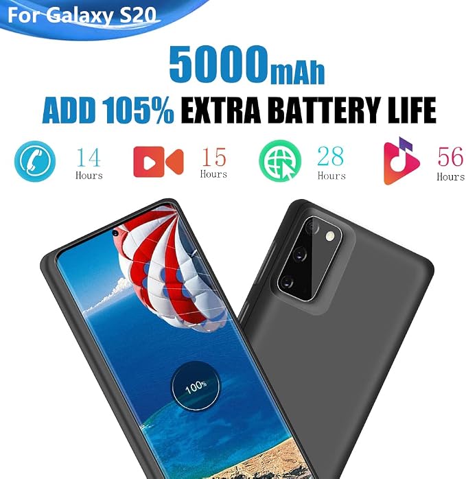 Battery Case for Samsung Galaxy S20 5G, 5000mAh Rechargeable Extended Battery Charging Charger Case, Add 105% Extra Juice, Not Compatible with Galaxy S20 FE (6.2 inch) Black