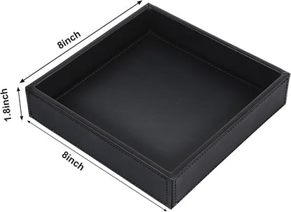 HofferRuffer Faux Leather Vanity Tray, Elegant Desktop Storage Organizer, Decorative Catchall for Perfume, Bathroom Valet, Nightstand or Dresser, 8 x 8 x 1.8 inches (Black)