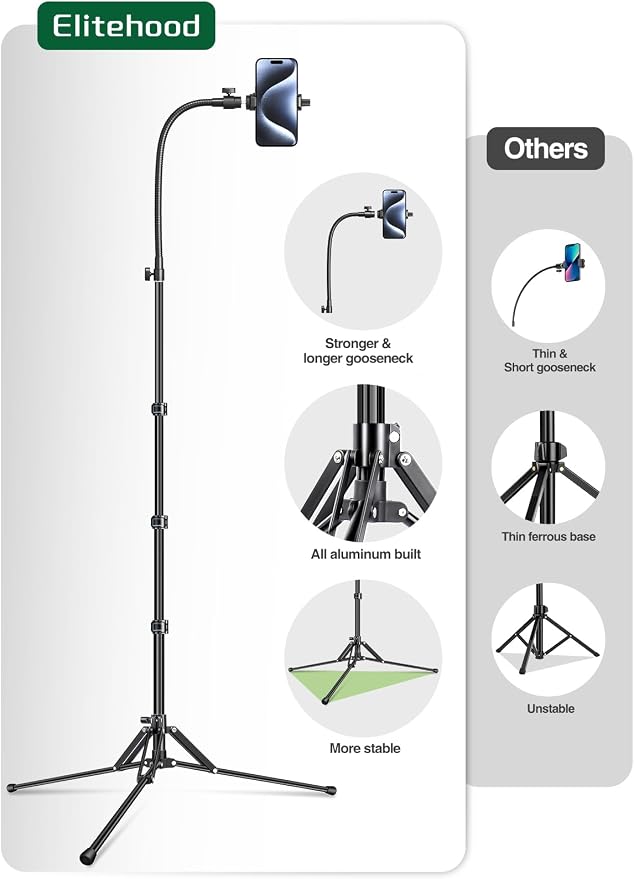 elitehood 6.8 Feet Tall Phone Stand Tripod, Aluminum iPhone Tripod [Lightweight & Ultra Stable], Adjustable Phone Recording Stand Compatible with iPhone 15 Pro Max/15 Pro/14 13, Android Cell Phone