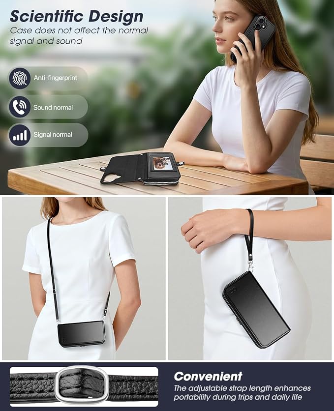 OCASE for iPhone 17 Crossbody Detachable Wallet Case, PU Leather Handbag Phone Purse with Zipper Closure, Card Slots & RFID Blocking, Wrist Strap, Lanyard, Kickstand, Black