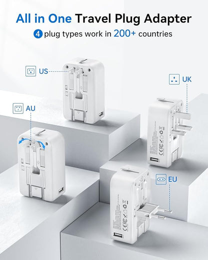 DOACE Pico 20W Travel Adapter, 5-Port Universal Power Adapter 1 AC, 2 USB C and 2 USB-A, International Plug Adaptor Worldwide for US to European UK Italy Spain New Zealand Over 200 Countries