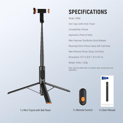 NEEWER 57.9" Selfie Stick Tripod Compatible with iPhone Samsung Android, Metal Portable Lightweight Travel Cell Phone Stand with Phone Holder Mount & Remote for Video Recording Filming, PA992 Black