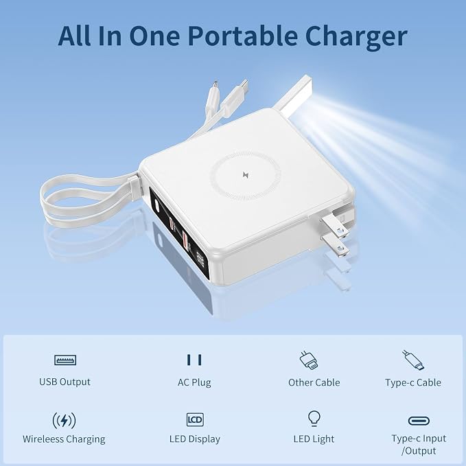 Wireless Charging Portable Charger with Built-in Cables & AC Wall Plug, 10000mAh Power Bank with LED light, PD 22.5W Fast Charging Travel Portable Charger for iPhone, Samsung, Android(No-Magnetic)