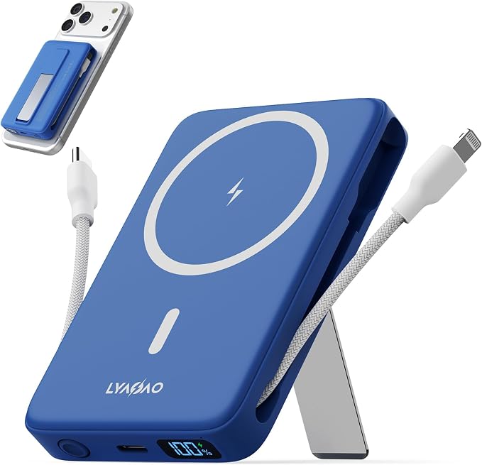 No More Forget Cables! 10000mAh Ultra Slim Magnetic Power Bank, Built-in USB-C & iPhone Cable, 20W Portable Charger with Foldable Stand, for iPhone 17/16/15/14/13/12 Series