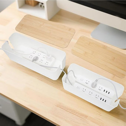 Cable Management Box 2 Pack, Cord Organizer for TV Cables Computer Wires, Under Desk Cord Hider with Bamboo Lid, Large Power Strip Cover for Home Office Router USB Hub, Child Proof Pet Proof - White