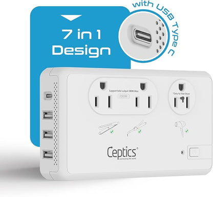 Ceptics 220V to 110V Travel Voltage Converter for Hair Dryer, 2000W & 200W outlets for Dryers, Curling Iron, Straightener, Chargers, Step Down, 4 USB Ports (1x USB-C) with 6 SWadApt attachments
