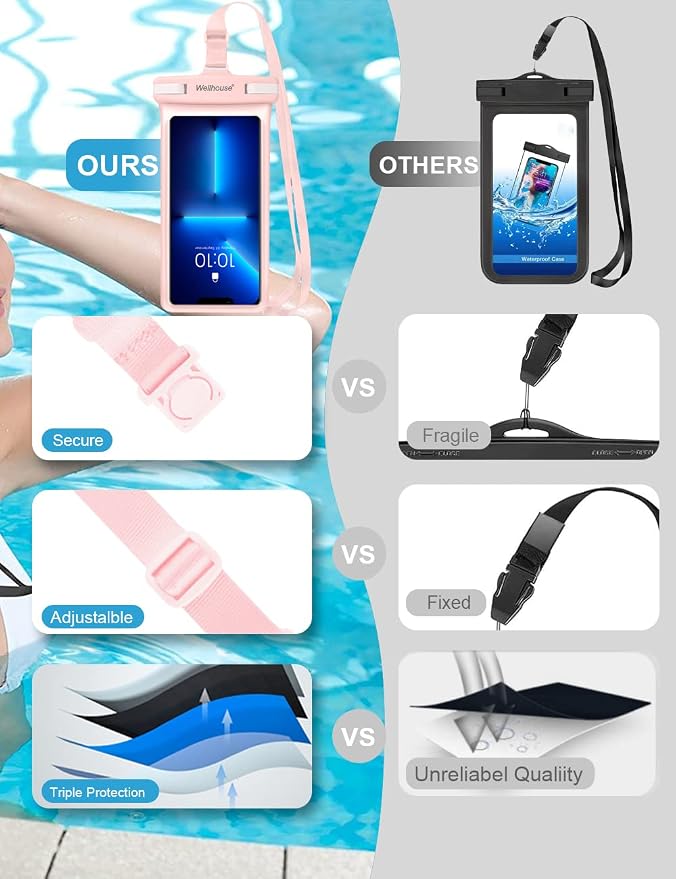 wellhouse Waterproof Phone Pouch, Waterproof Phone Case for iPhone 17 16 15 14 13 Pro Max XS Samsung, IPX8 3D Cellphone Dry Bag Beach Essentials (2 Pack - Blue & Pink7.0, 7 inch)