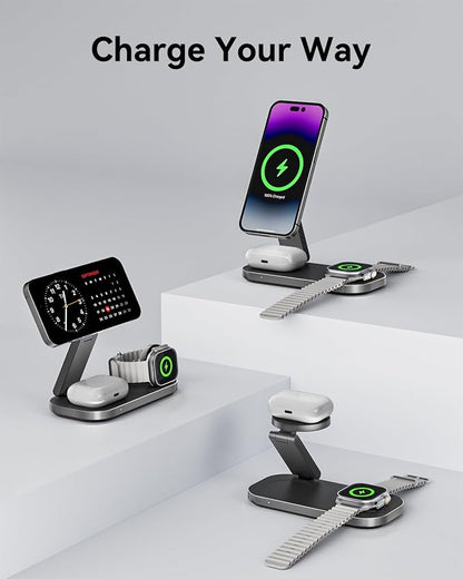 3-in-1 Charging Station for Apple Device, Qi2 25W Certified Magnetic Wireless Foldable Fast Charger Stand Compatible with MagSafe for iPhone 17e/17/16/15/14/13/12/Air Series, Apple Watch & AirPods