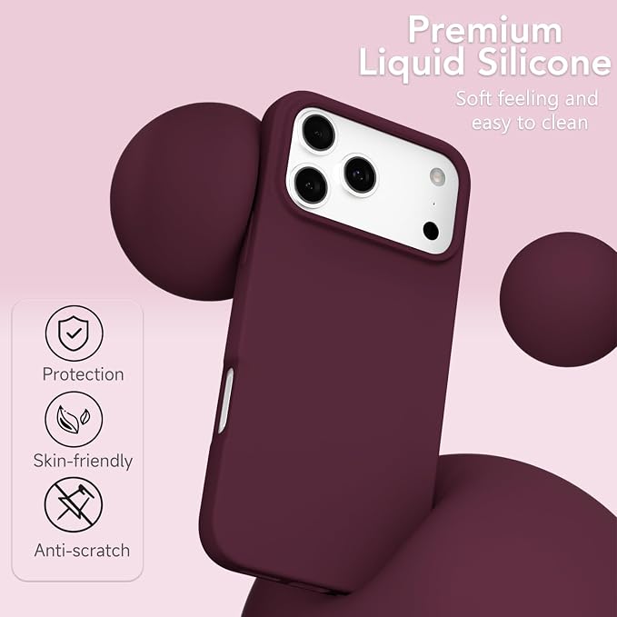 for iPhone 17 Pro Max Case Silicone Compatible with Magsafe Case, Ultra Slim Thin Magnetic Phone Cases Mag Safe, Cute Soft Rubber Gel Matte Wireless Charging Cover for Women, Burgundy Maroon