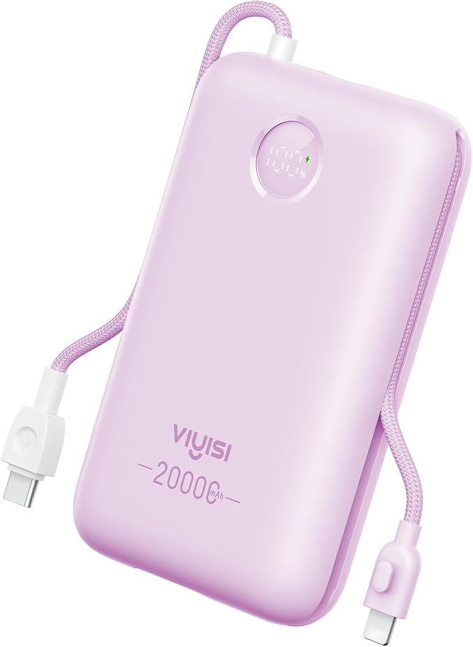 VIYISI Portable Charger 20000mAh 30W with Built-in Cables, Purple | LED Display, USB C&Lighting cables, Battery Pack for iPhone 17/16/15/14, Samsung, iPad and Android Phones, Travel