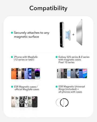 ESR for MagSafe Phone Grip, Dual-Side Magnetic Phone Grip,360° Adjustable Thin Magnetic Ring Holder Stand,for iPhone 17e/17-12, Samsung, All Phones, MagSafe Accessories (2 Metal Rings Included)